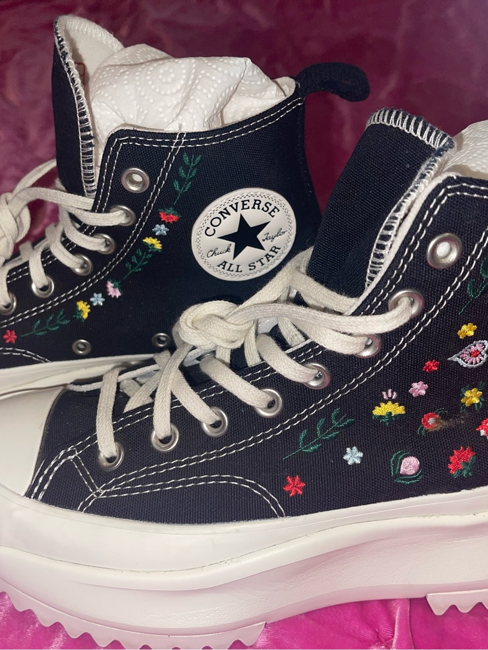 Converse Run Star New Black High-Top Sneakers with Multicolor Floral Embroidery